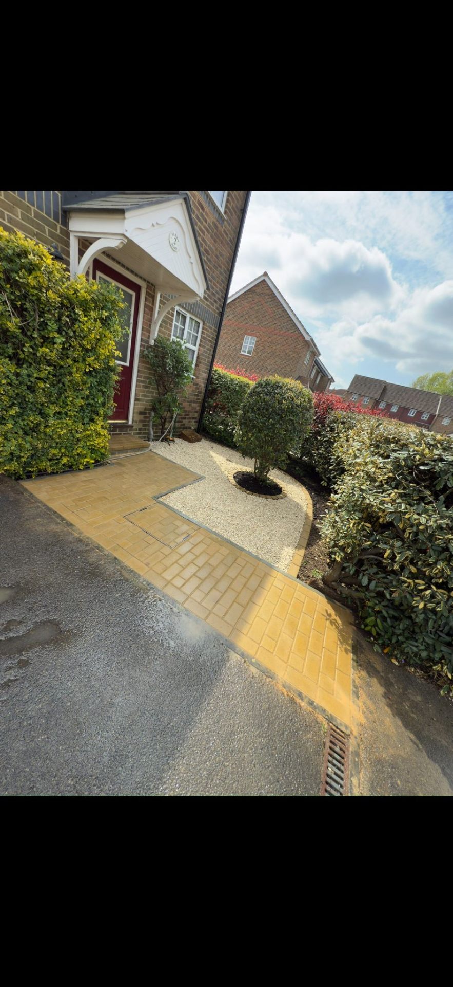 Block paved walkway and driveway with gravel border completed by Burton Builds